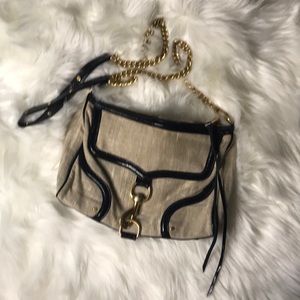 Rebecca Minkoff black patent leather / tan linen